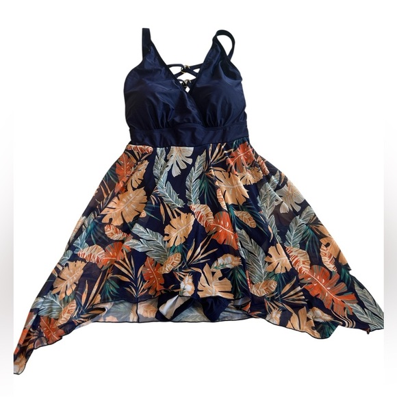 NWT Bloom Chic V-Neck Handkerchief Swim Dress Tropical Pattern Plus Size 22-24W. - Picture 1 of 11